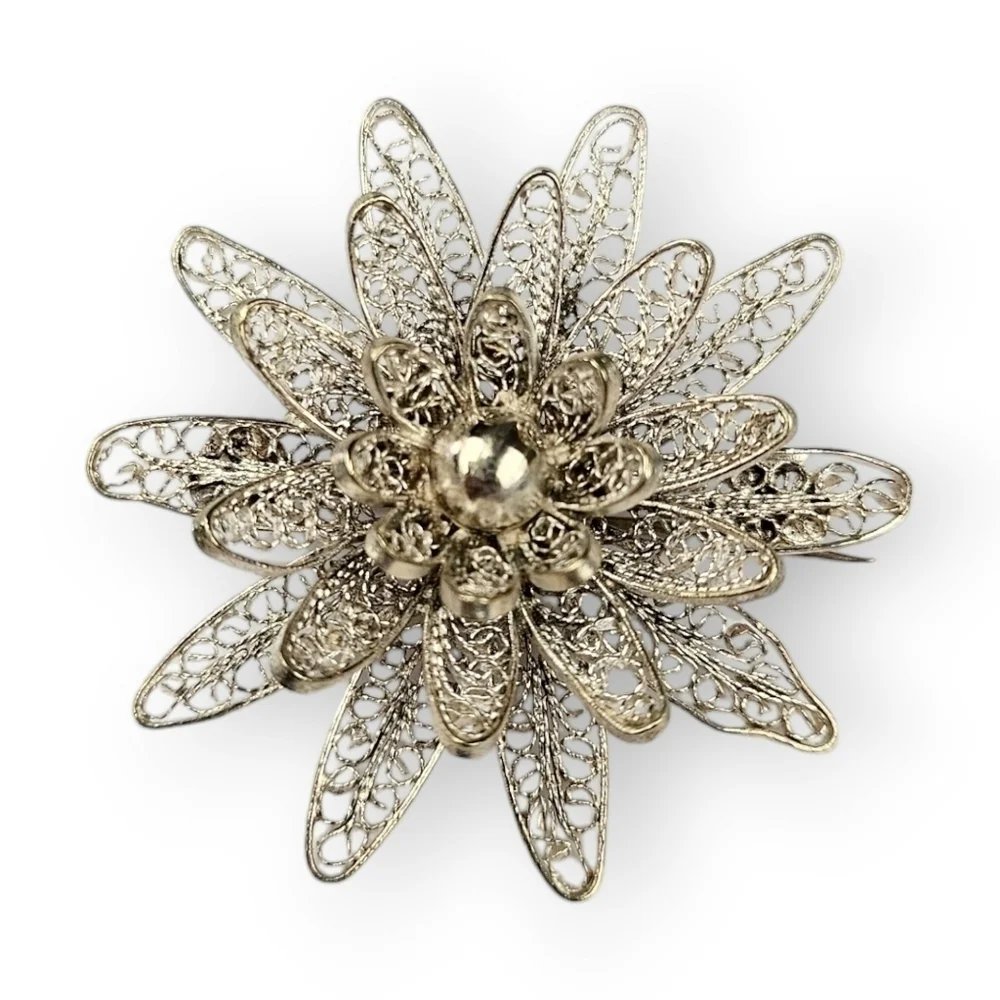 Spun Silver Filigree Flower Brooch Vintage Delicate Layered Petal Broach 1.75" - Picture 4 of 7
